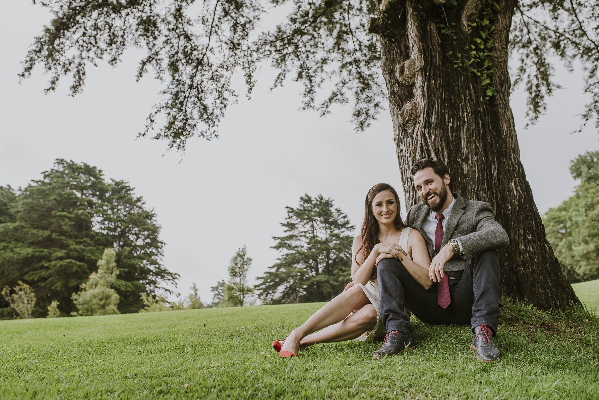 Pareja sentada junto a un gran árbol durante su sesión de preboda